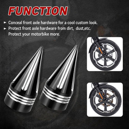 CNC Spike Motorcycle Front Axle Nut Covers Caps 3.6" – Fits Harley Touring Street Glide Road King Electra Glide Tri Glide 2008-Later, Black & Silvery