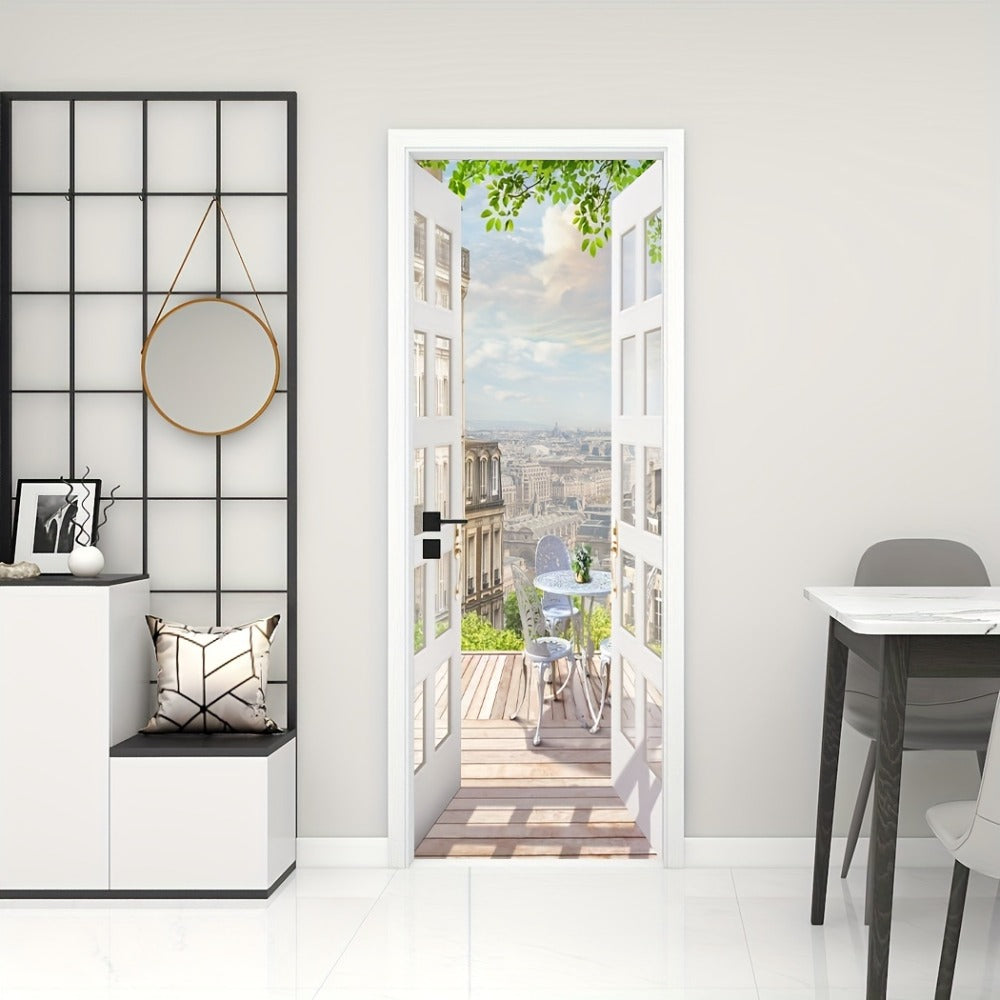 Door Sticker Balcony Scenery Wall Mural – Removable Waterproof Peel & Stick Large Wall Art for Bedroom & Living Room, Faux Window View Home Decor, 35.43 x 78.74 Inches