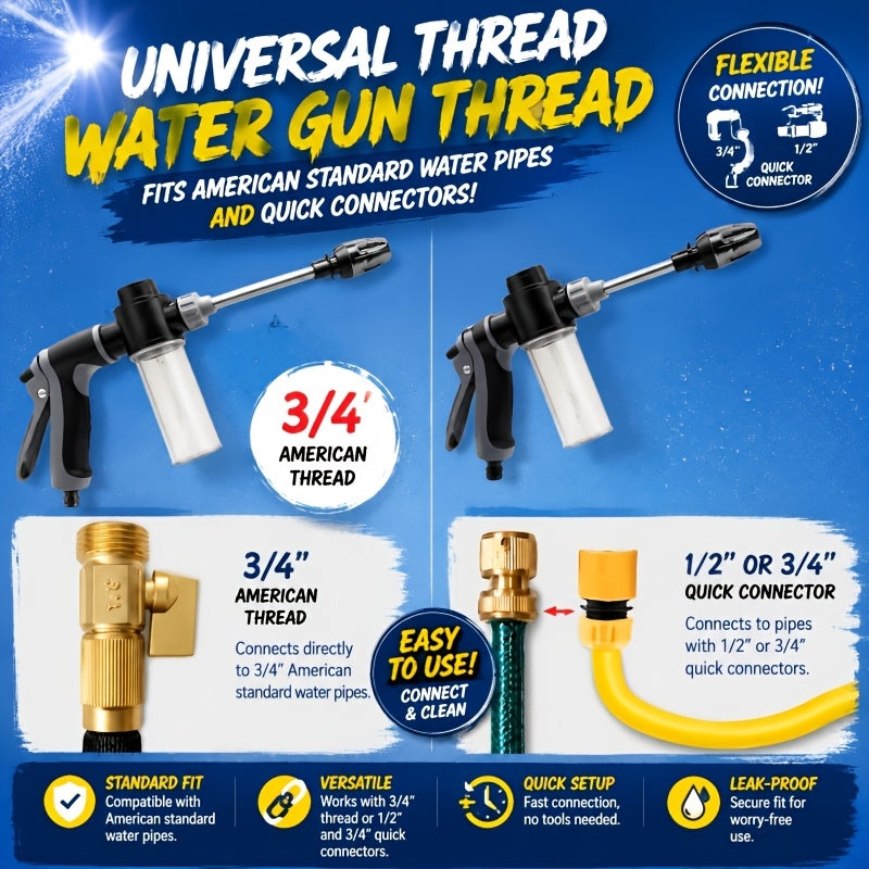 High-Pressure Foam Cleaning Gun, Equipped with 1/2 Inch And 3/4 Inch Hose Adapters, 360-Degree Rotating Nozzle with Adjustable Modes, Suitable for Women And The Elderly, Car Cleaning Tool, Suitable for Cars, Yards, And Various Cleaning Facilities