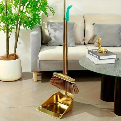 Broom and Dustpan Set Premium Golden Stainless Steel Extra Long Handle Microfiber Bristles V-Shape Leakproof Dustpan Heavy Duty Indoor Outdoor Sweeper for Kitchen Patio Hardwood Tile Floor