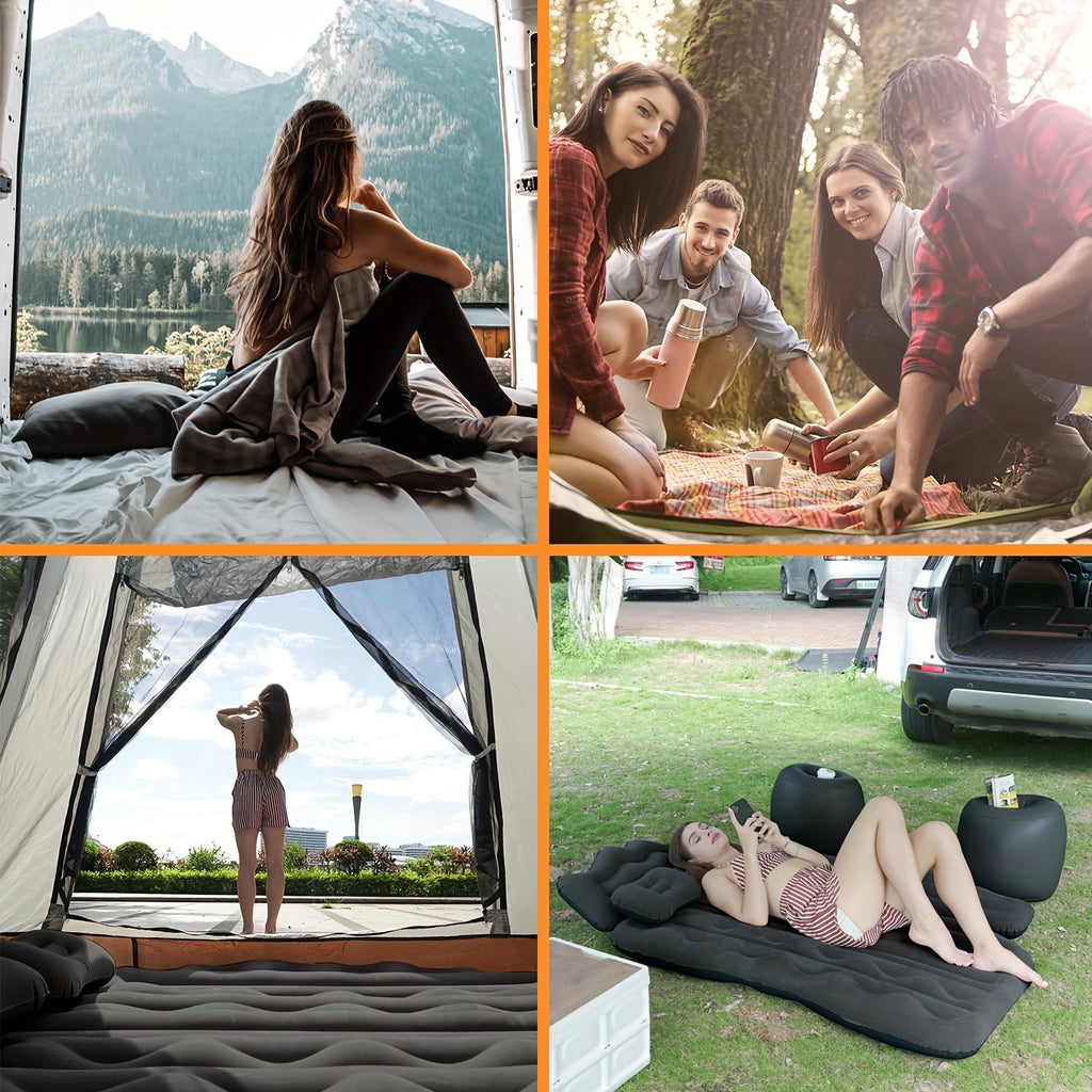 Portable Foldable Car Air Bed Kit with PVC Surface - Includes Air Pump & Two Pillows, Ideal for Outdoor Travel & Camping, Easy Cushion Conversion for Vehicle Interiors, Foldable Bed