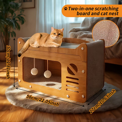 Cat Scratcher House Cardboard Cat Bed with Feather Wand Toy – Indoor Outdoor Cat Hideout for Scratching, Hiding & Resting, Ventilated Cat House with Plush Ball Toys, Multiple Sizes