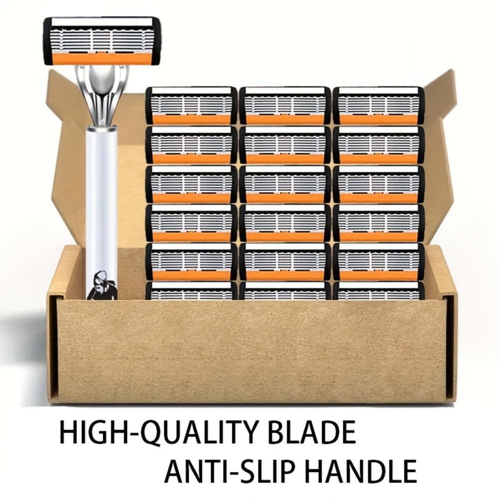 6-Layer Blade Men's Razor Set with Lubricating Strip 2 Handles & 36 or 72 Replacement Blades – Smooth Close Shave Contour-Fitting Ergonomic Manual Shaver for Men Daily Grooming