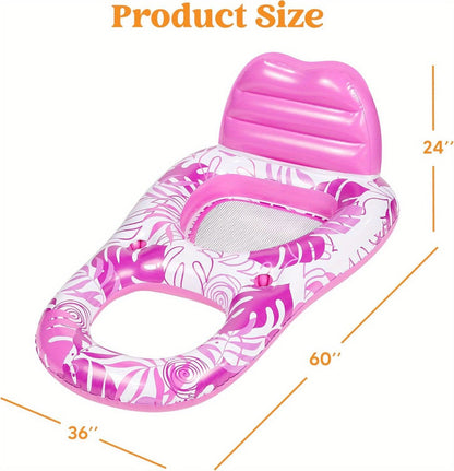 Recliner Pool Float Lounger for Adults – Inflatable Zero-Gravity Floating Chair with Cup Holders, Mesh Seat & Foot Rest, Pink Tropical Leaf Design, Summer Pool Party Water Toy
