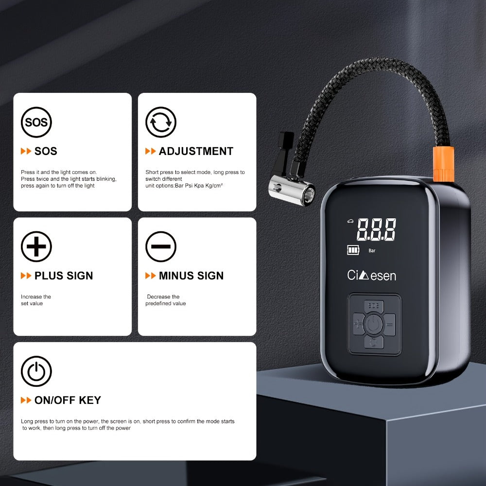 Portable Tire Inflator Air Compressor 150PSI 100W Cordless 4000mAh Digital Display 5 Modes USB-C Fast Charge for Car Motorcycle Bicycle Ball Auto Shut-Off Yellow Blue Black Silver