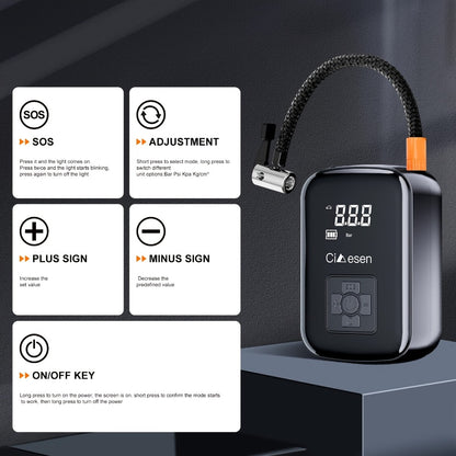 Portable Tire Inflator Air Compressor 150PSI 100W Cordless 4000mAh Digital Display 5 Modes USB-C Fast Charge for Car Motorcycle Bicycle Ball Auto Shut-Off Yellow Blue Black Silver