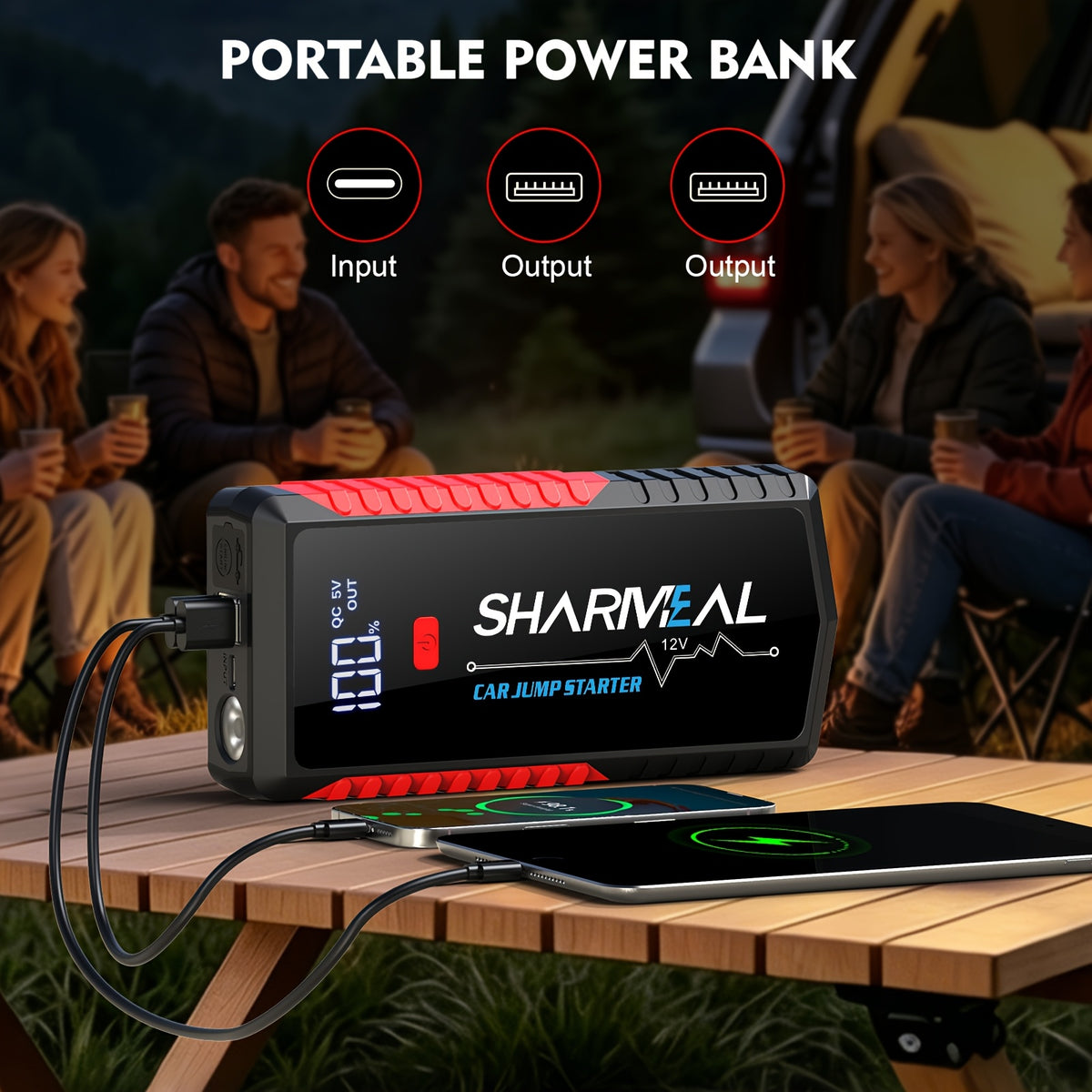 SHARMEAL 9-In-1 Portable Car Battery Jump Starter And Window Breaker Hammer with Built-In 3-Mode LED Flashlight And Heavy-Duty Jumper Cables, Ideal for Cars, Suvs, Trucks, Rvs