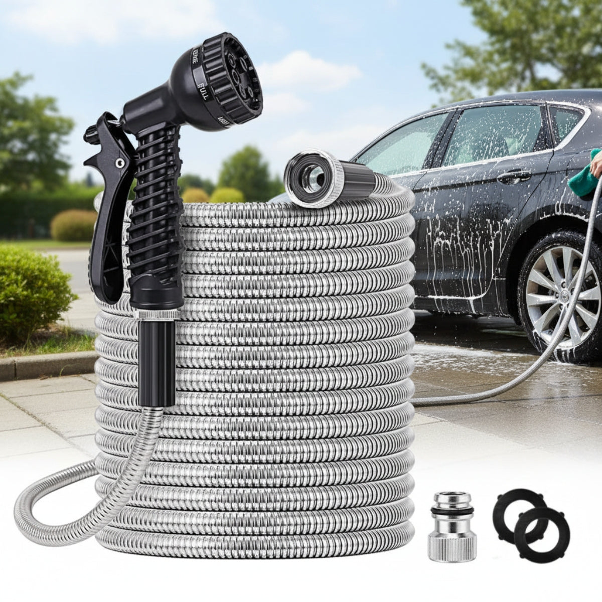 25/50/75/100ft Heavy Duty Stainless Steel Water Hose - Kink-Free High Pressure Flexible Metal Garden Hose Suitable for Car Wash, Dog Proof with 2 Nozzles, Trusted by Professionals & Pet-Resistant for Outdoor/Commercial Use