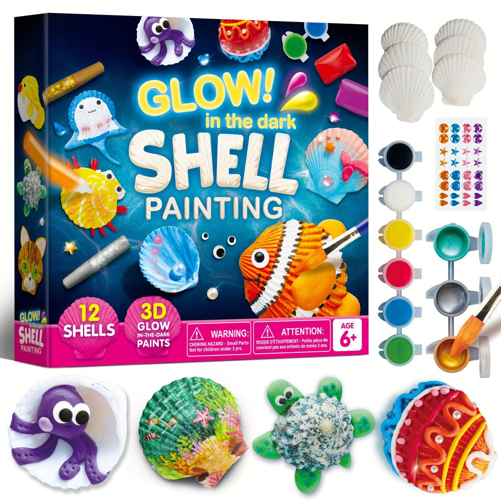 Glow in the Dark Seashell Painting Kit for Kids – 12 Real Sea Shells with Non-Toxic Acrylic Paints & Brushes, Ocean STEM Arts and Crafts for Boys Girls Ages 6-12