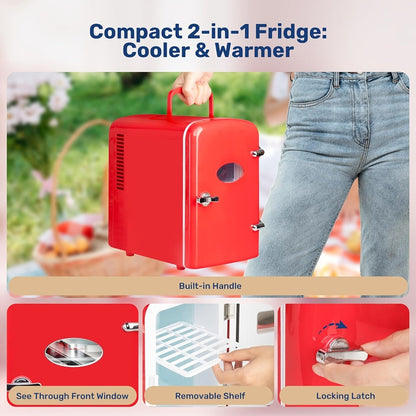 Aesthetic Mini Fridge 4 Liter with Stickers - Portable Cooler and Warmer for 6 Cans, AC/DC Compact Refrigerator for Bedroom, Office, Dorm & Car, Cute Mini Fridge Gift for Friends, Black Pink Red