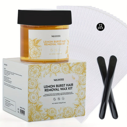 Sugar Wax Hair Removal Kit 300g - Gentle Soft Wax with Strips & Sticks for Body Hair Removal, Lemon or Activated Carbon Formula, Residue-Free At-Home Waxing for Women