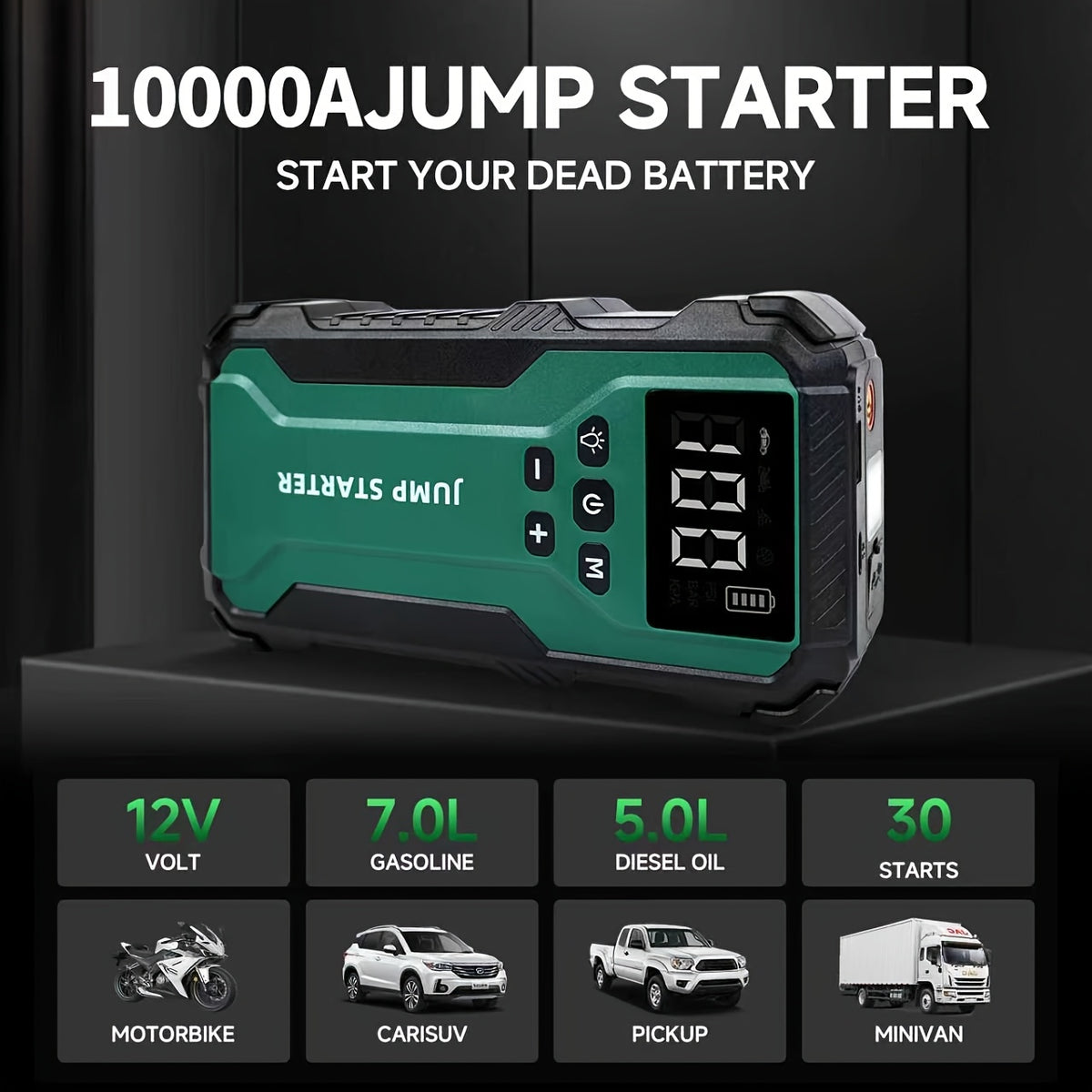 10000A 7-in-1 Multi-functional Emergency Start Power Supply with Air Pump, 150PSL Portable Car Battery Starter, Digital Tire Inflator, Suitable for 2.64 Gallon Gasoline Or 2.38 Gallon Diesel Battery, LED Emergency Light, Car Emergency Tool.