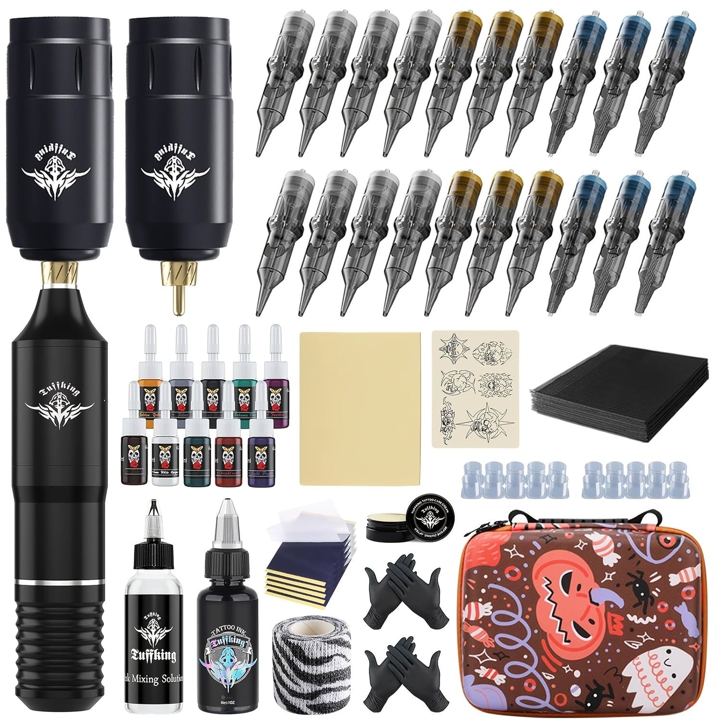 Rotary Tattoo Machine Kit 67pcs – Complete Wireless Tattoo Pen Set with Cartridge Needles, Power Supply, Practice Skin, Inks & Transfer Paper for Beginners & Artists