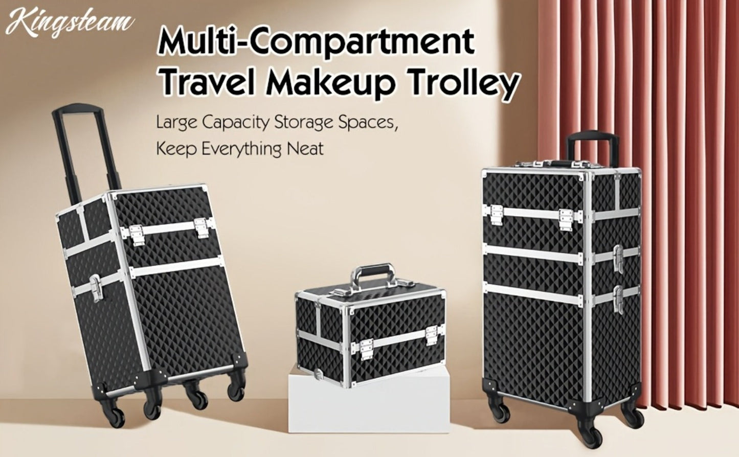 Rolling Makeup Train Case 3-in-1 Large Capacity Professional Cosmetic Trolley Swivel Wheels Lock Key Sponge Set Included Salon Barber Artist Travel Cart Trunk Black Pink