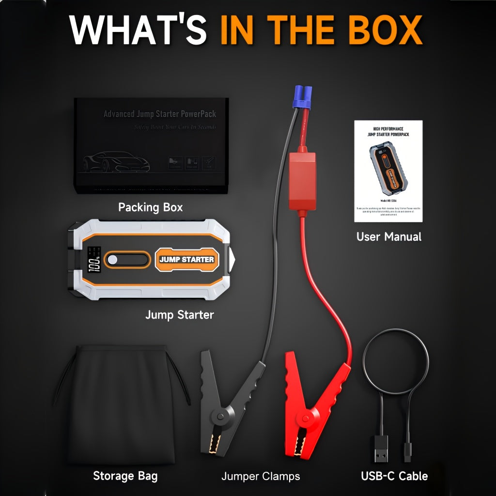Powerful Car Battery Jump Starter with a Peak of 6500A, Suitable for 2.64gal Gasoline And 2.11gal Diesel Engines, Equipped with Safety Features Such As a Flashlight And Emergency Hammer