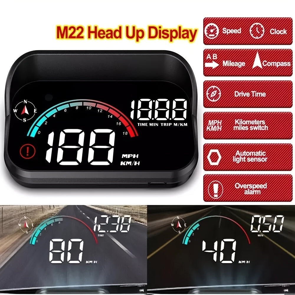 Digital Head Up Display, Windshield Speedometer Projector with Compass, Overspeed Alarm, Mileage Per Trip, Auto Brightness, Compass Direction, HUD Speed Meter Gadgets for Car for All Vehicles, USB Cable Plug & Play