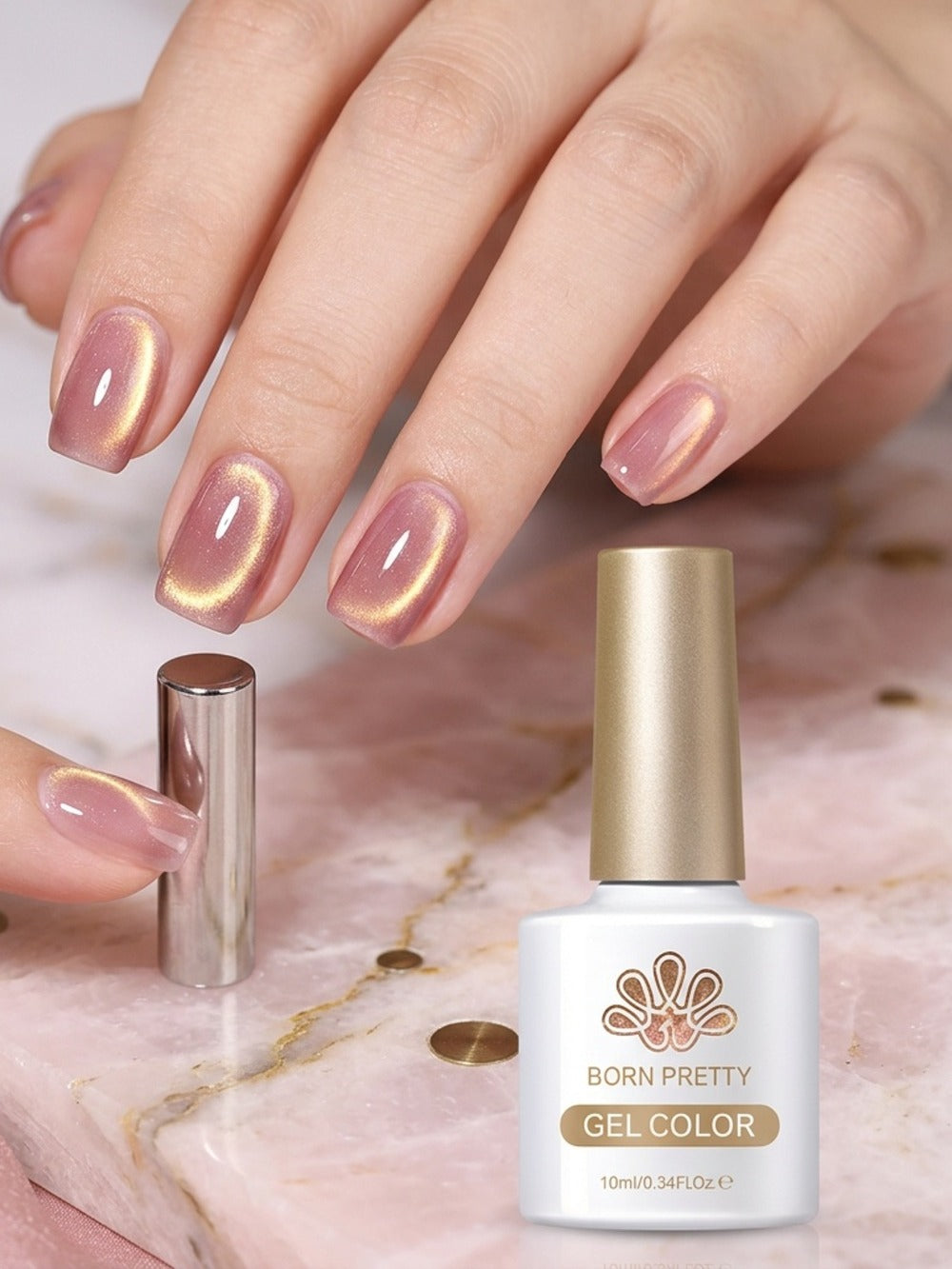 Cat Eye Magnetic Gel Nail Polish Set BORN PRETTY Nude Golden Glitter 2 Colors Ultra Shine Semi-Permanent UV LED Soak Off Long Lasting 30 Days 0.34oz Each for Women Nail Art