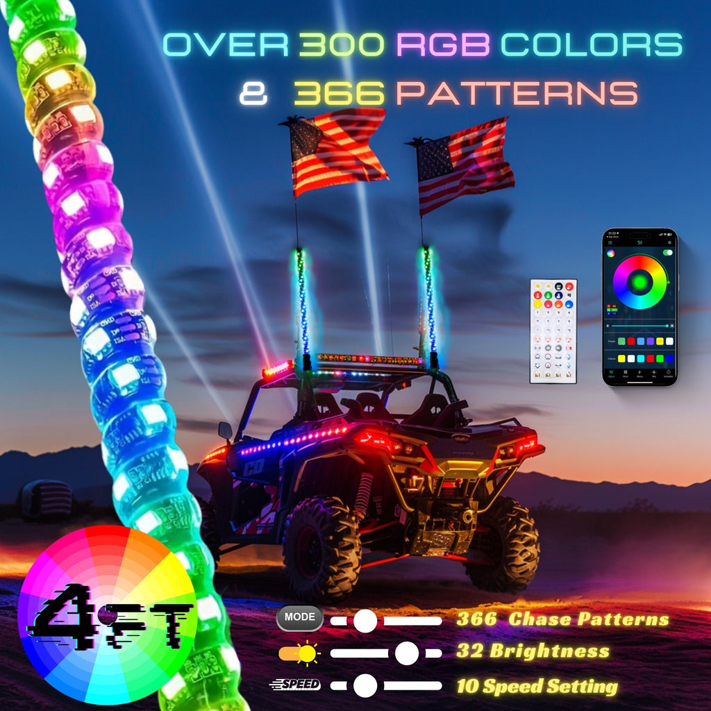 1 Pair (2pcs) 1ft/2ft/3ft/4ft Brighter RGB LED Whip Lights Flag Pole Remote And APP Control Color Changing Lamp Spiral RGB Music Chasing/Dancing Neon Light Whips for UTV ATV RZR SXS Side By Side Dune Buggy Offroad Truck (w/o Spring Base)