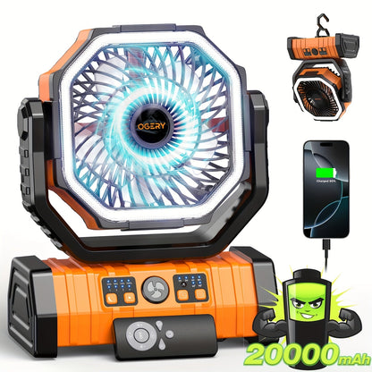 20000mAh Portable Camping Fan with LED Lantern – Rechargeable, 4-Speed, Oscillating, Remote & Timer Control | Tent, Travel, RV, Emergency & Bedroom Use