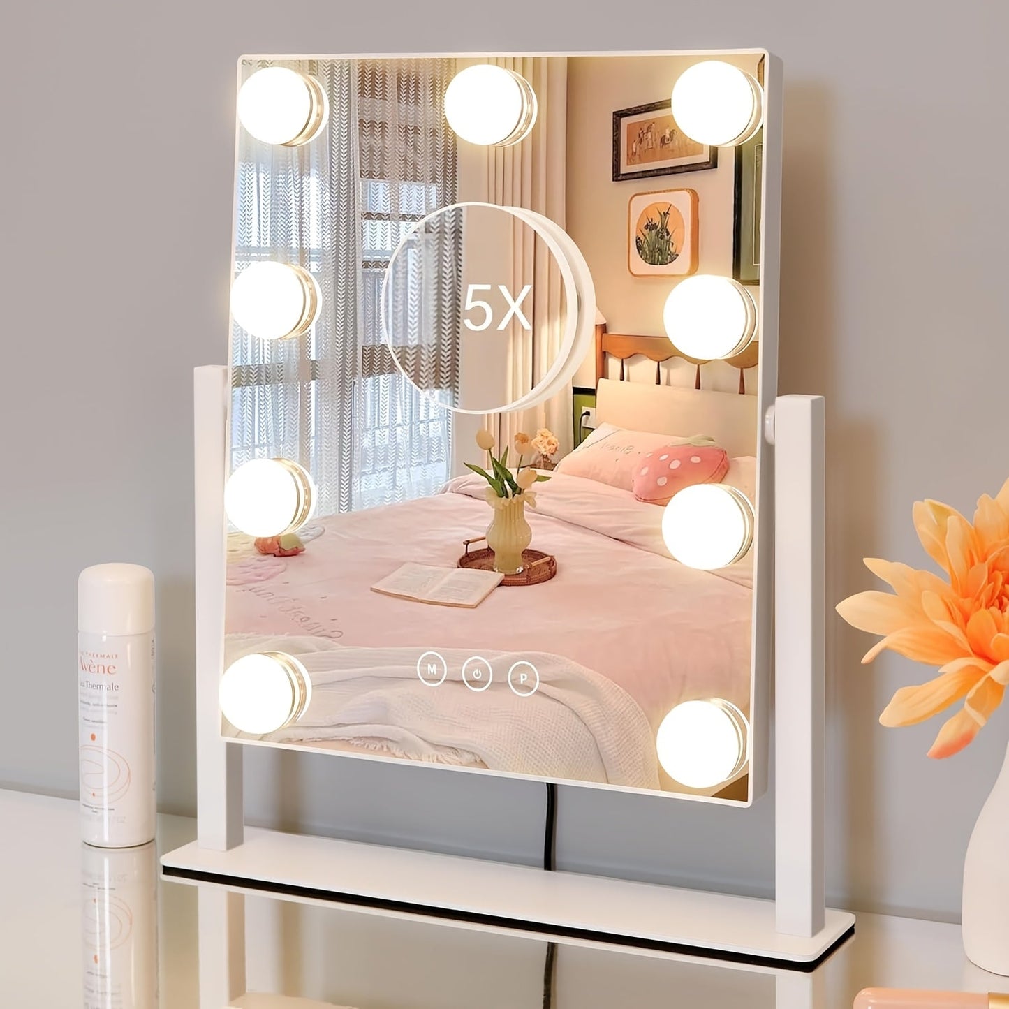 Lighted Makeup Mirror 5X Magnifying 9 LED Hollywood Vanity Mirror - 3 Color Lighting Modes, 360° Rotating, USB Powered Touch Control Tabletop Makeup Mirror for Women Desk Bedroom Gift