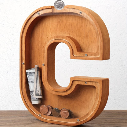 Wooden Letter Penny Bank – Alphabet Coin Bank Savings Box for Kids & Adults, Personalized Money Bank Birthday Gift, A to Z Initial Letter Bank