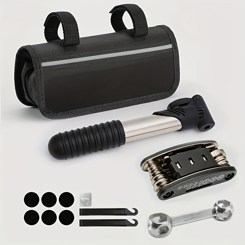 Set of Tools for Bicycle Repair, Including Multifunctional Tire Repair And Inflation Equipment, Along with a Folding Wrench Tool Kit