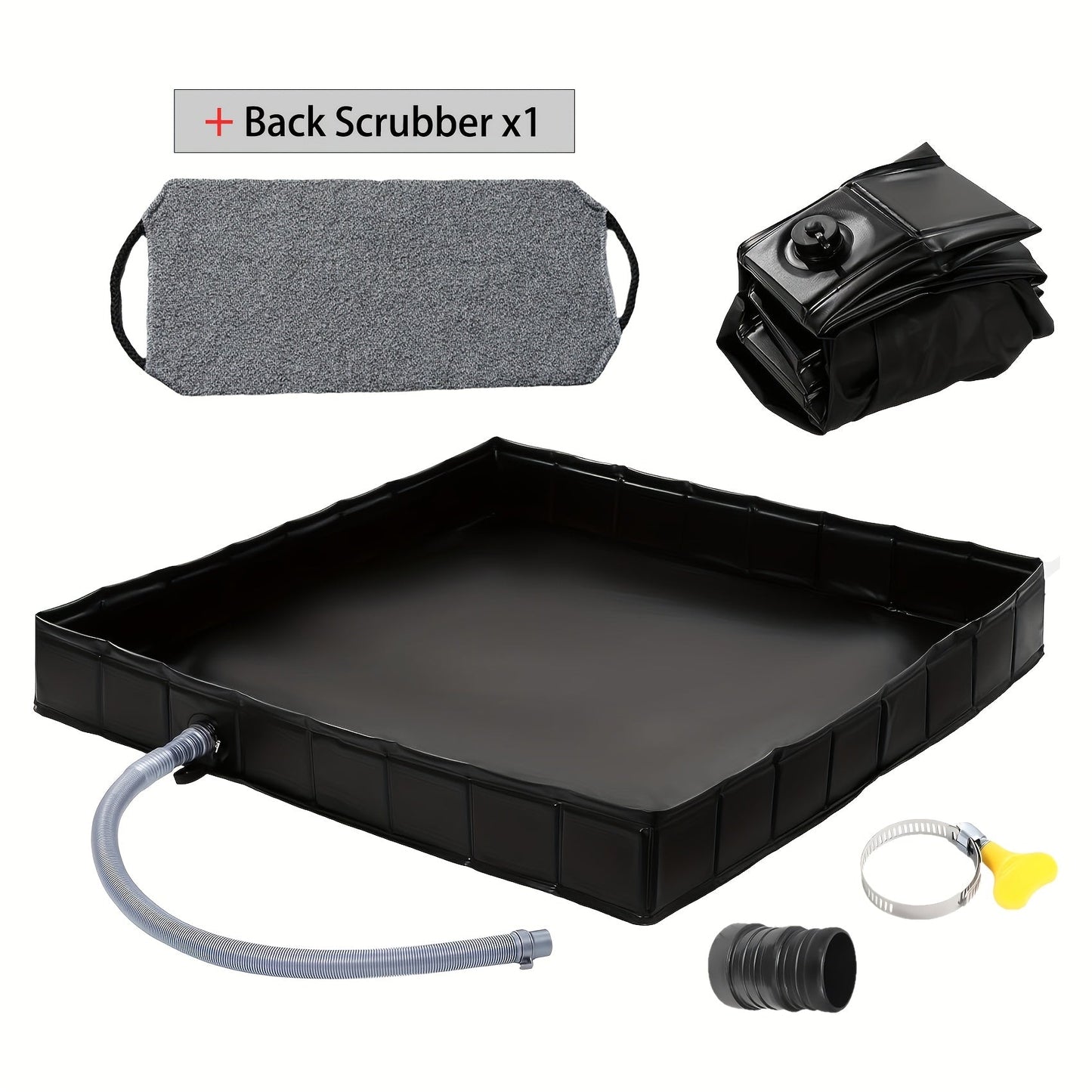 Foldable Shower Base 41"x41" Portable Shower Pan with Drain Pipe – Collapsible Shower Basin for Camping Tent, Indoor & Outdoor Use, Black – Includes Back Scrubber