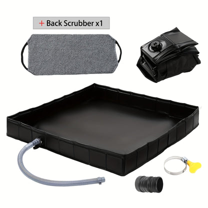 Foldable Shower Base 41"x41" Portable Shower Pan with Drain Pipe – Collapsible Shower Basin for Camping Tent, Indoor & Outdoor Use, Black – Includes Back Scrubber