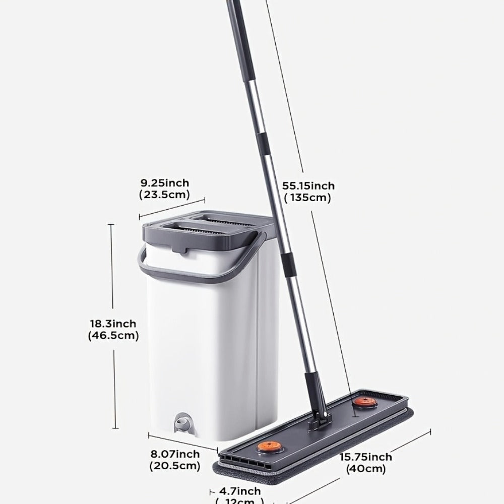 Flat Floor Mop and Bucket Set with Self-Cleaning System – Manual Squeeze Mop for Home, Office, Living Room, Bathroom & Kitchen – ABS, Multisurface, No Electricity Needed (White & Black)
