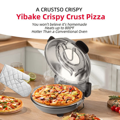 Indoor Pizza Oven 12 Inch Countertop Electric Pizza Maker 1200W – Reaches 800°F in Minutes, Dual Knob Control, Ceramic Stone, Transparent Window, Anti-Scald Handles for Home Kitchen