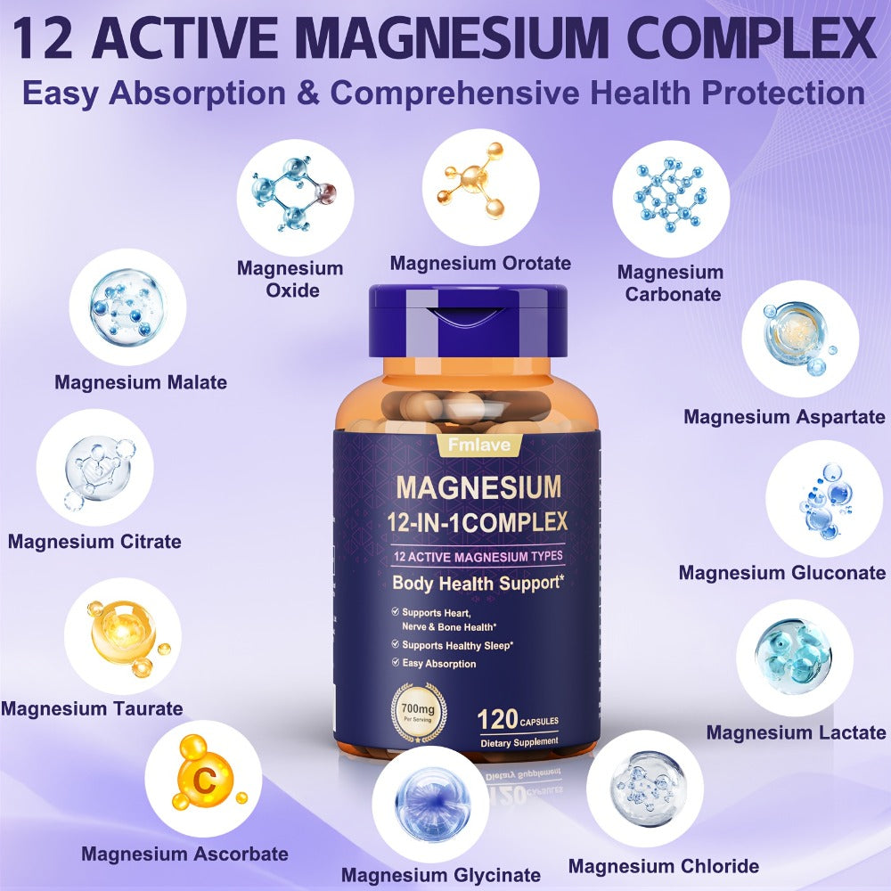 Magnesium Glycinate 700mg 12-in-1 Complex Capsules with Citrate Malate Taurate Carbonate & Oxide — Bone Density Heart Health Deep Sleep Muscle Relaxation & Stress Relief — Gluten-Free 120 Capsules 120-Day Supply