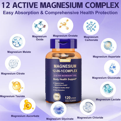Magnesium Glycinate 700mg 12-in-1 Complex Capsules with Citrate Malate Taurate Carbonate & Oxide — Bone Density Heart Health Deep Sleep Muscle Relaxation & Stress Relief — Gluten-Free 120 Capsules 120-Day Supply