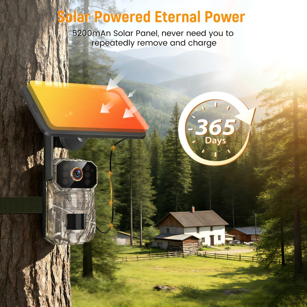 4G LTE Cellular Trail Camera with Solar Panel – 4K Wildlife Monitoring Camera, PIR Motion Sensor, Infrared Night Vision, Two-Way Voice, Remote Access, No WiFi Required, for Hunting & Security (Camo/Brown)