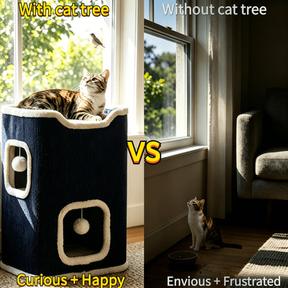 Cat Tree Tower Multi-Level Foldable Cat Condo for Indoor Cats - Scratch-Resistant Carpet, Hanging Bell Ball, Cozy Top Bed, Sturdy Frame Cat House with Multiple Entrances, 1 3 4 Tier Options for Kittens & Adults
