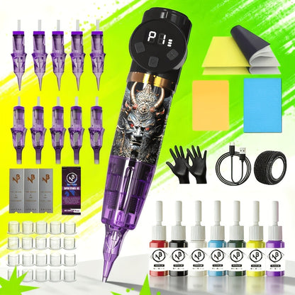Tattoo Pen Machine Kit with Carry Case INKSOUL Wireless Rotary Pen 10 Needles Disposable Sealing Ink Cups Transfer Paper Complete Supplies for Beginners & Artists
