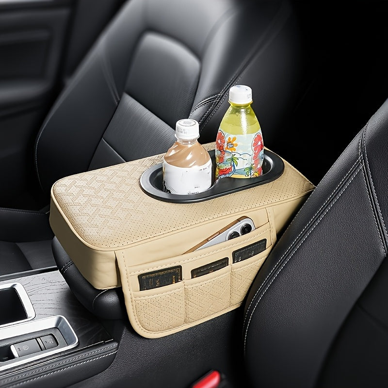 [PU Leather Console Mat] Universal Car Armrest Box Cover, PU Leather Center Console Mat With 2 Side Pockets + 2 Cup Holders, Multi-Functional Storage For Phone/Water Bottle/Cards, Fits Most Car Models, Tissue Box Replacement 3pcs Set-1