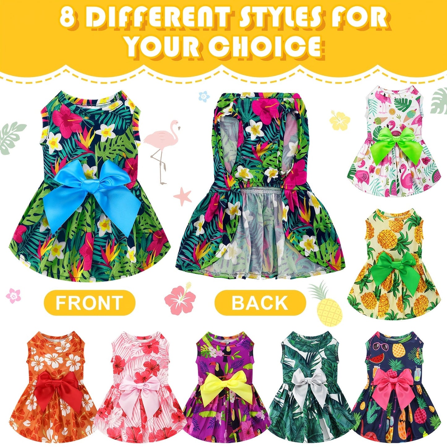 8pcs Summer Themed Hawaii Dog Dresses Holiday Flamingo Fruit Floral Pattern Pet Skirts Hawaii Puppy Princess Dresses Outfits Bowknot for Girl Dogs Cats Beach, Pet Fashion, Beach Outfits, Fruit Print, Bowknot Dress, Durable Stitching, Comfortable Fit