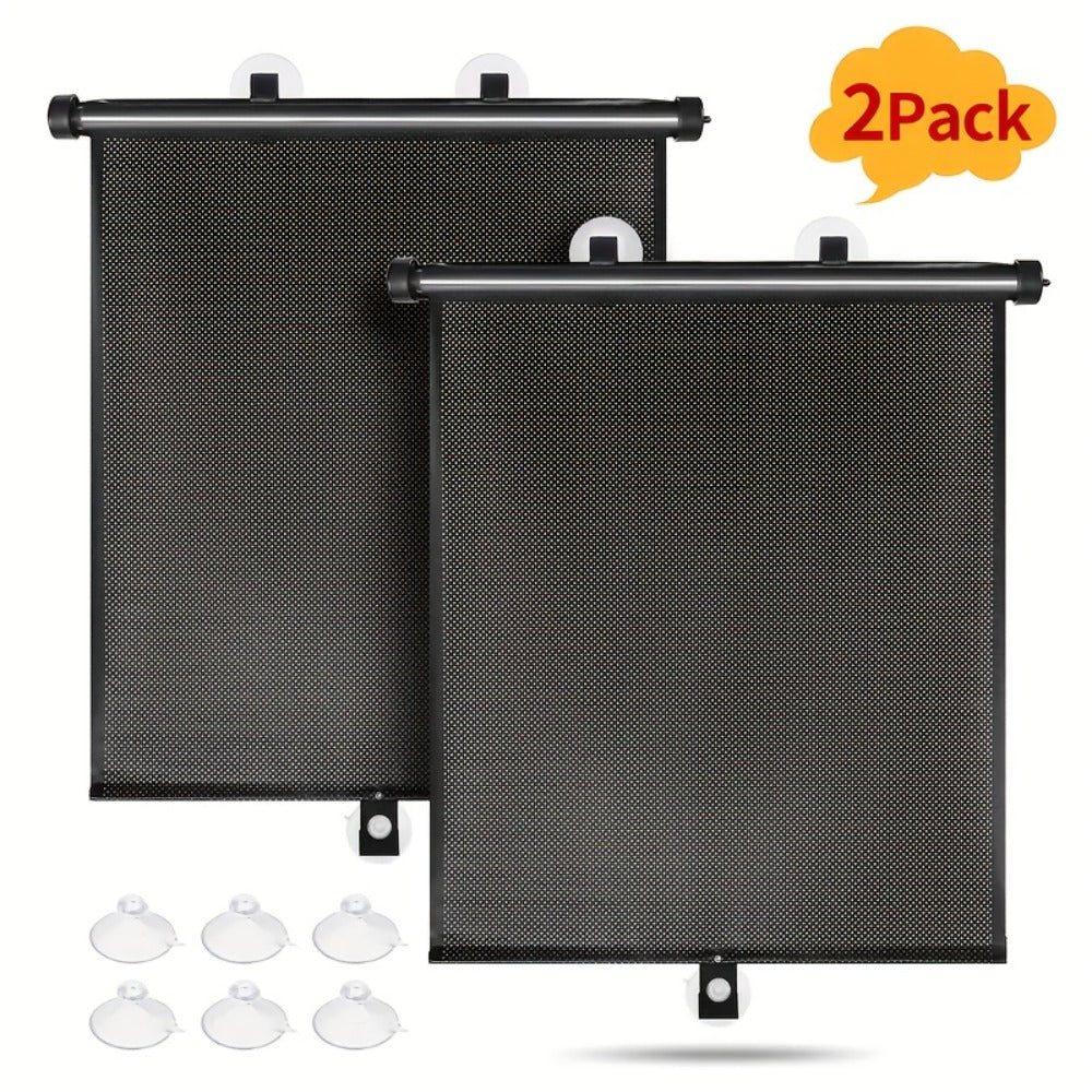 Car Window Curtains 2pcs Retractable PVC Side Window Shades One-Click Storage UV Block Anti-Glare Heat Shield Easy Install Suction Cup Hook Black Car Interior Accessory