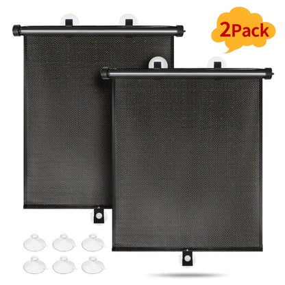 Car Window Curtains 2pcs Retractable PVC Side Window Shades One-Click Storage UV Block Anti-Glare Heat Shield Easy Install Suction Cup Hook Black Car Interior Accessory