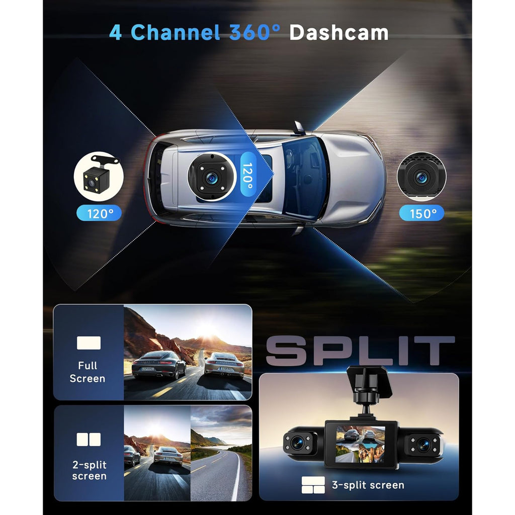 4-Channel Front/Rear/Left/Right, 2-inch IPS Screen, Dual Lens Camera Dash Cam 1080P, Suitable for Cars, Night Vision, Loop Recording, 24-Hour Parking Monitoring with G-Sensor/Motion Detection, Optional 64GB Memory Card, Vehicle Security Camera