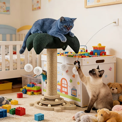 Cat Scratching Post Sisal Vertical Clown Hat Design, Wear-Resistant Cat Scratch Board with Cat Climbing Frame & Teaser Toy, Fun Shaped Cat Scratcher for Indoor Cats, Millet & Turtle Shape, Green