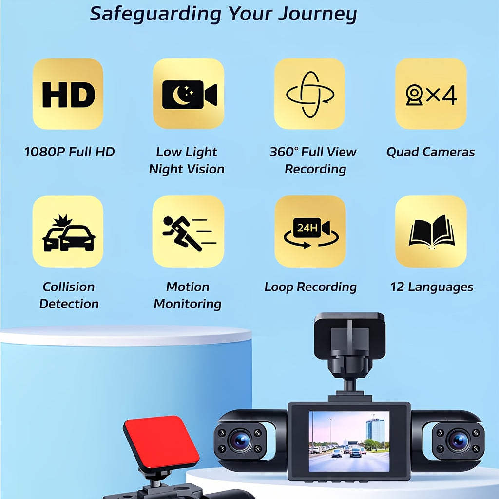 4-Camera 1080P Dash Cam, 360° Recording, 3.6" Clear IPS Screen, Night Vision/WDR, Parking Detection, Easy Mount