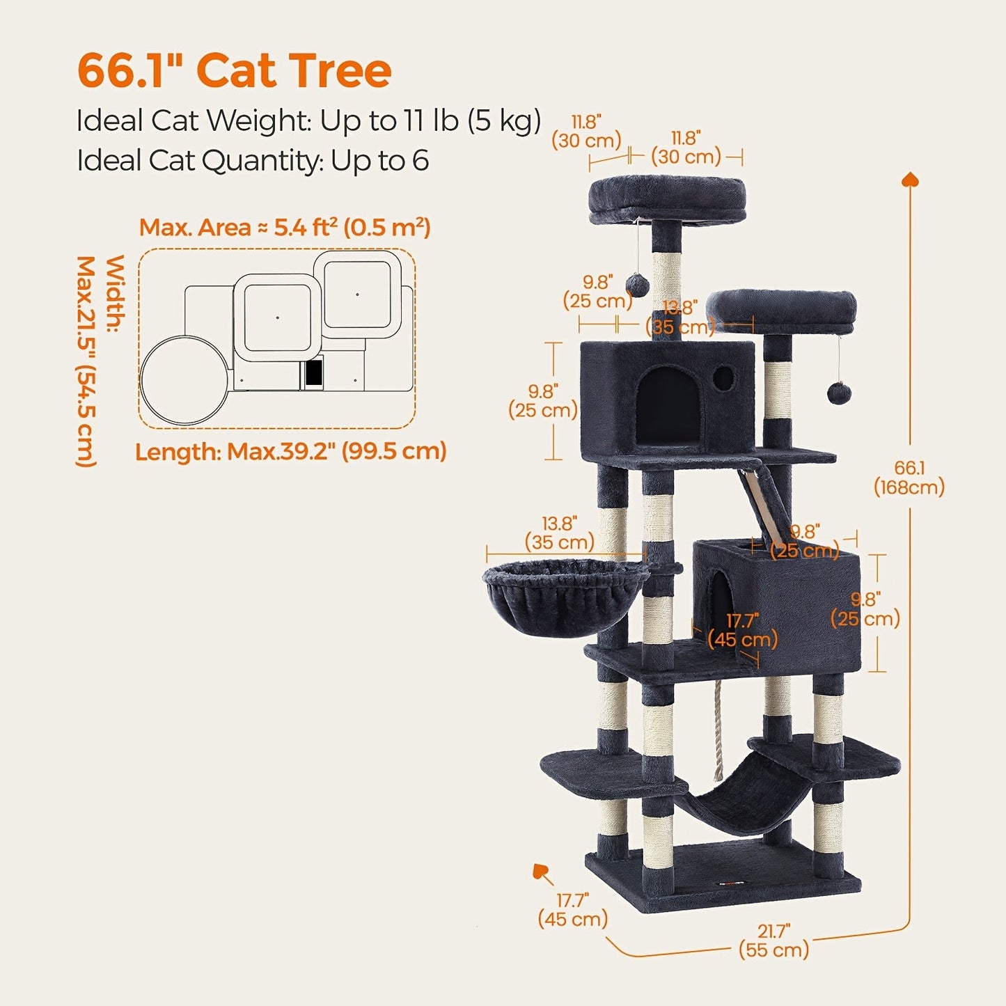 Cat Tree Tower Multi-Level Condo – 44in & 66in with Cozy Cave, Plush Hammock, 4 Sisal Scratching Posts & 2 Perches | Anti-Tilt Stable Cat Playhouse for Multi-Cat Families, Easy Assembly