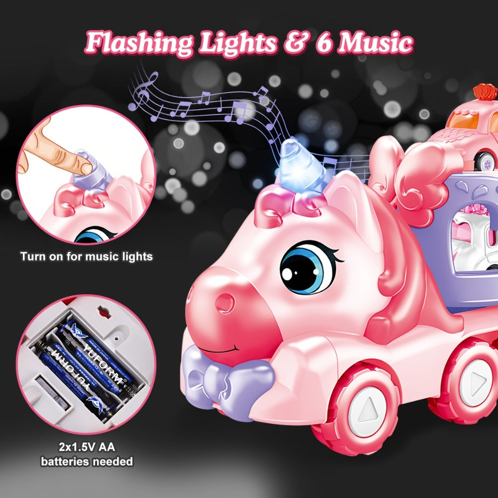 Pink Carrier Truck Toy with 4 Mini Cars, Music & Lights – Battery Powered Pull-Back Transport Vehicle for Girls Boys Ages 3+, Holiday Birthday Christmas Gift