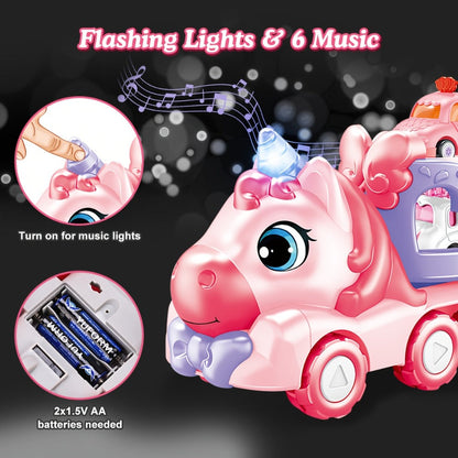 Pink Carrier Truck Toy with 4 Mini Cars, Music & Lights – Battery Powered Pull-Back Transport Vehicle for Girls Boys Ages 3+, Holiday Birthday Christmas Gift