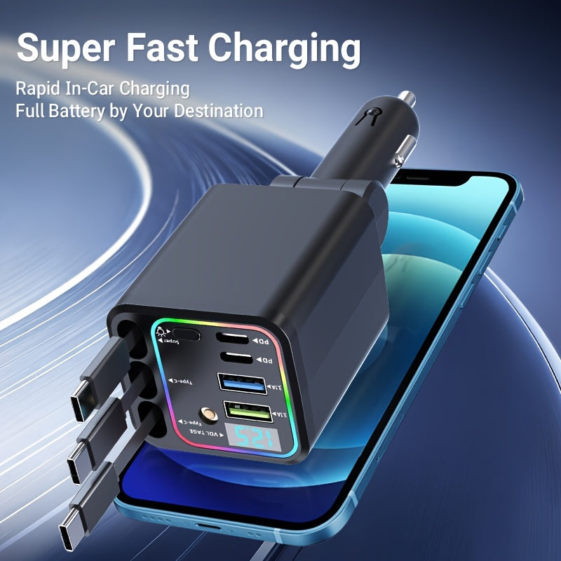 7-in-1 Car Fast Charging Mobile Phone Charger, Upgraded Color Light, Equipped With 3 Extendable Cables And Fast Charging Interface, Supports 180 ° Free Adjustment Angle, And Is Equipped With LED Intelligent Digital Display Screen, Without Battery