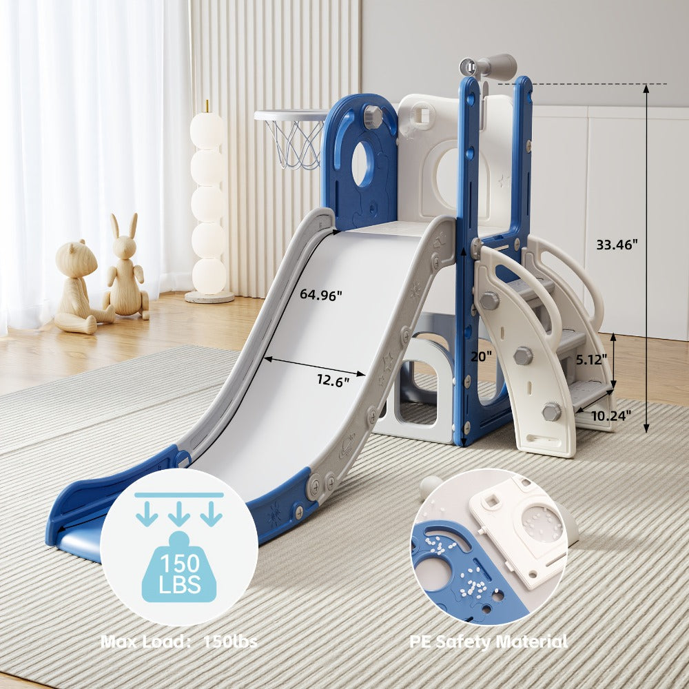 Toddler Slide & Climber Playset L-Shaped Indoor Outdoor Playground with Basketball Hoop Storage Telescope Easy Assembly Birthday Gift Boys Girls