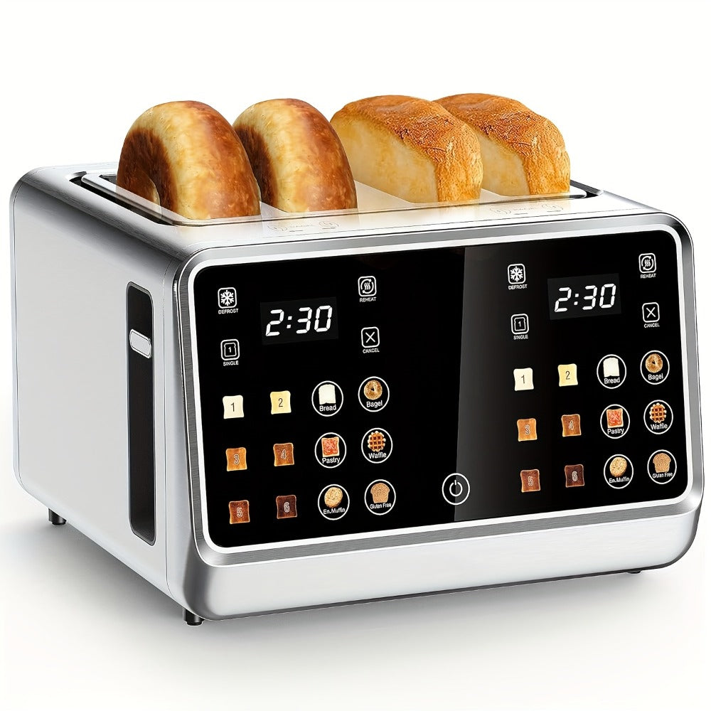 4-Slice Digital Smart Toaster with Touchscreen | Dual Control Panel, Single Slot Toasting, Timer, Reheat & Defrost Functions for Bagels, Bread & Waffles – Stainless Steel Kitchen Essential