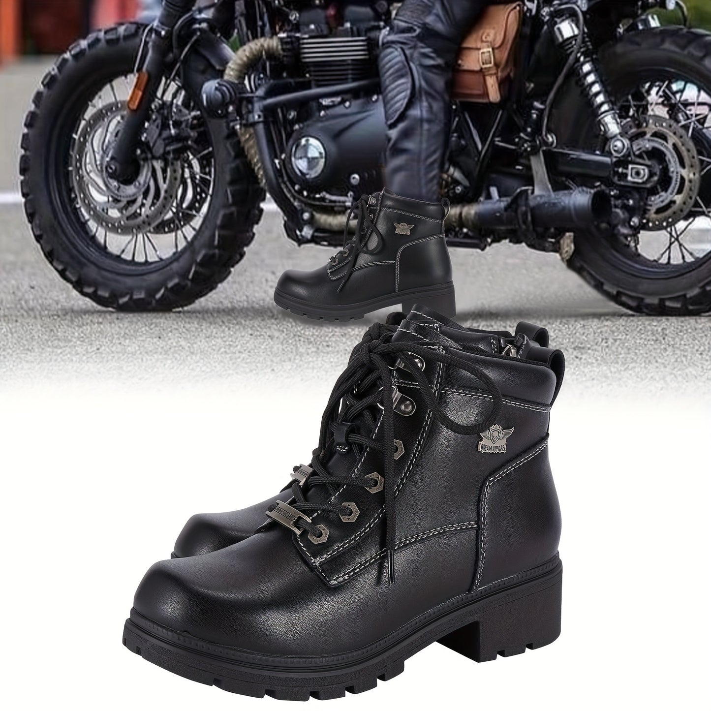[Women'S Low Heel Biker Boots] Black Faux Leather Women'S Lace-Up Motorcycle Riding Boots | Side Zipper, Ankle Booties, Biker Boots, Combat Boots for Ladies with Low Heel, Non-Slip, Square Toe, for All-Season Riding Shoes