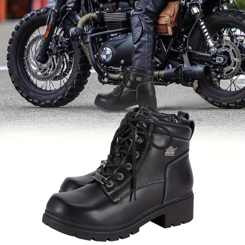 [Women'S Low Heel Biker Boots] Black Faux Leather Women'S Lace-Up Motorcycle Riding Boots | Side Zipper, Ankle Booties, Biker Boots, Combat Boots for Ladies with Low Heel, Non-Slip, Square Toe, for All-Season Riding Shoes